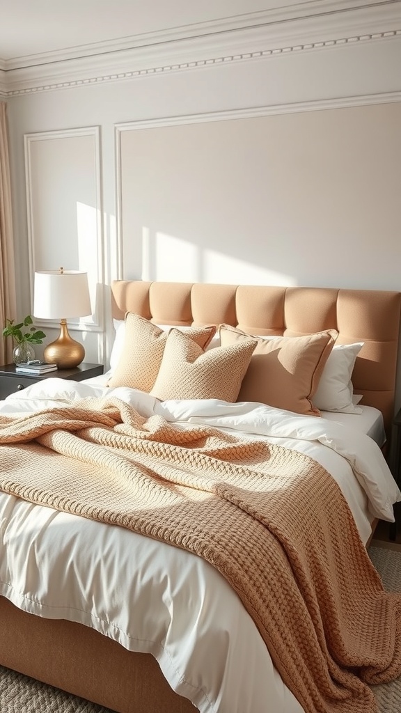 Cozy bedding combination with peach tones and textured pillows