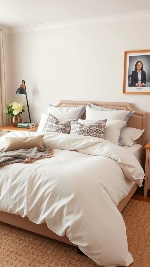 A cozy guest bedroom featuring a neatly made bed with white linens, decorative pillows, and a warm throw blanket.