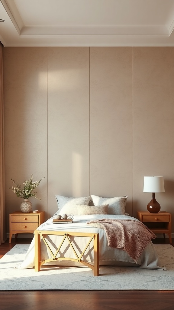Cozy bedroom with beige textured walls, wooden furniture, and soft textiles