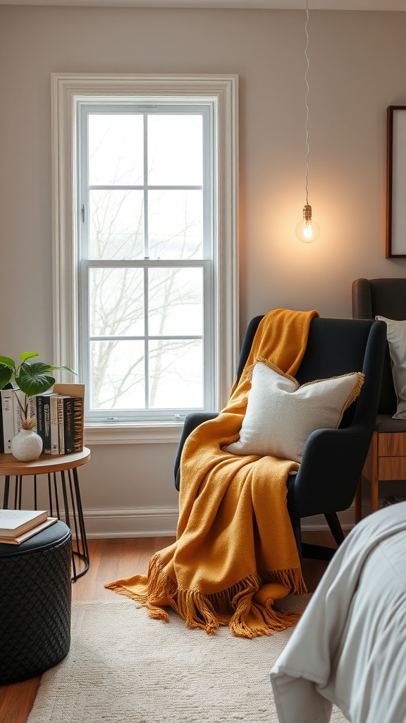 Cozy reading nook with a black chair, golden throw, and natural light