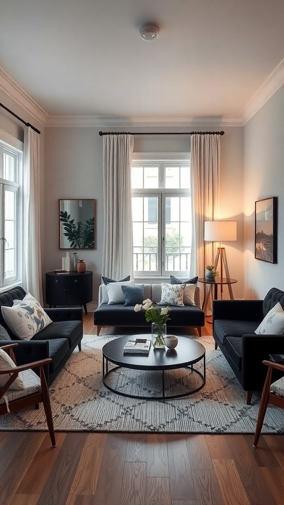 Cozy black and white living room with dark sofas, light pillows, round coffee table, and large windows