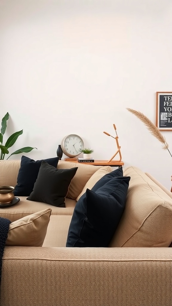 A cozy living room with a beige sofa and black pillows, featuring a clock and plant on a side table.