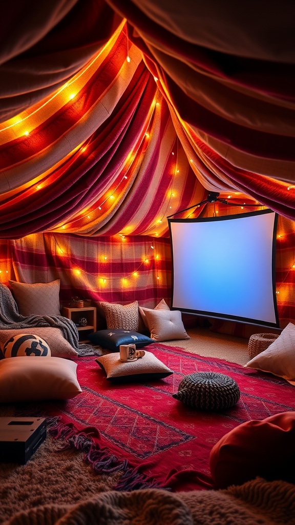 A cozy blanket fort setup with lights, cushions, and a projection screen for movie night.