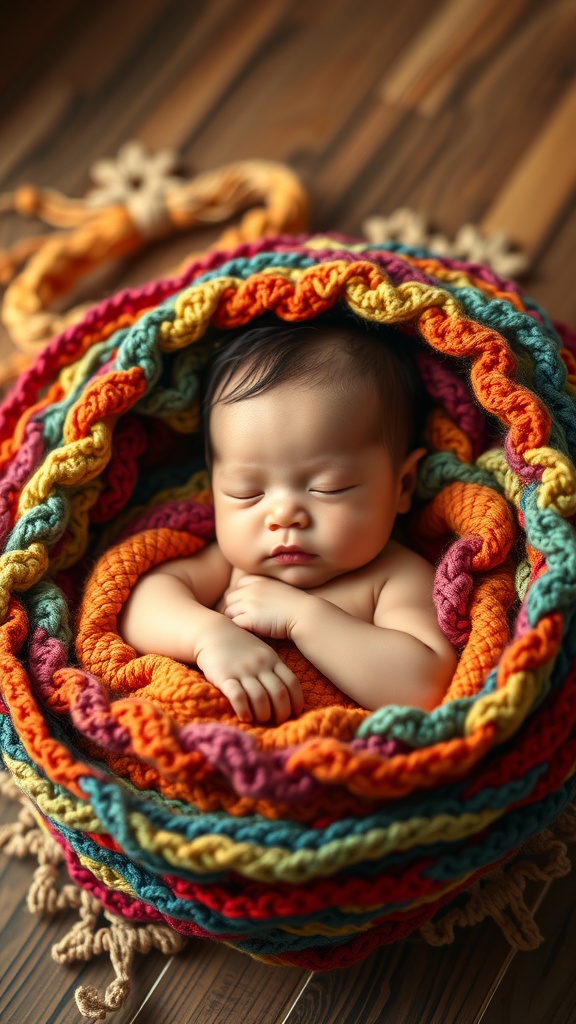 A peaceful two-month-old baby sleeping in a colorful knitted blanket nest.