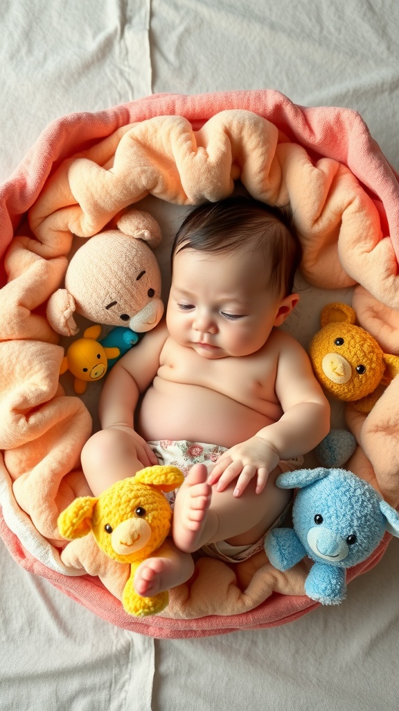 A baby lying in a cozy blanket nest surrounded by stuffed toys