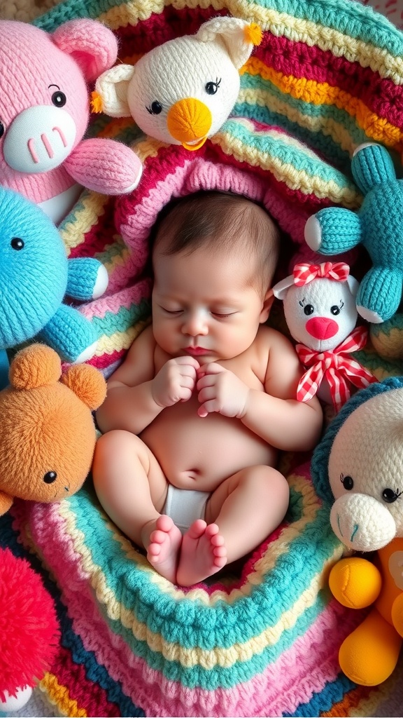 A baby wrapped in a colorful blanket surrounded by plush toys.