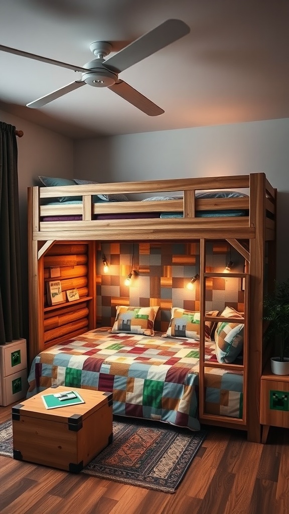 A cozy bedroom featuring a wooden bunk bed with colorful bedding, warm lighting, and a playful decor.