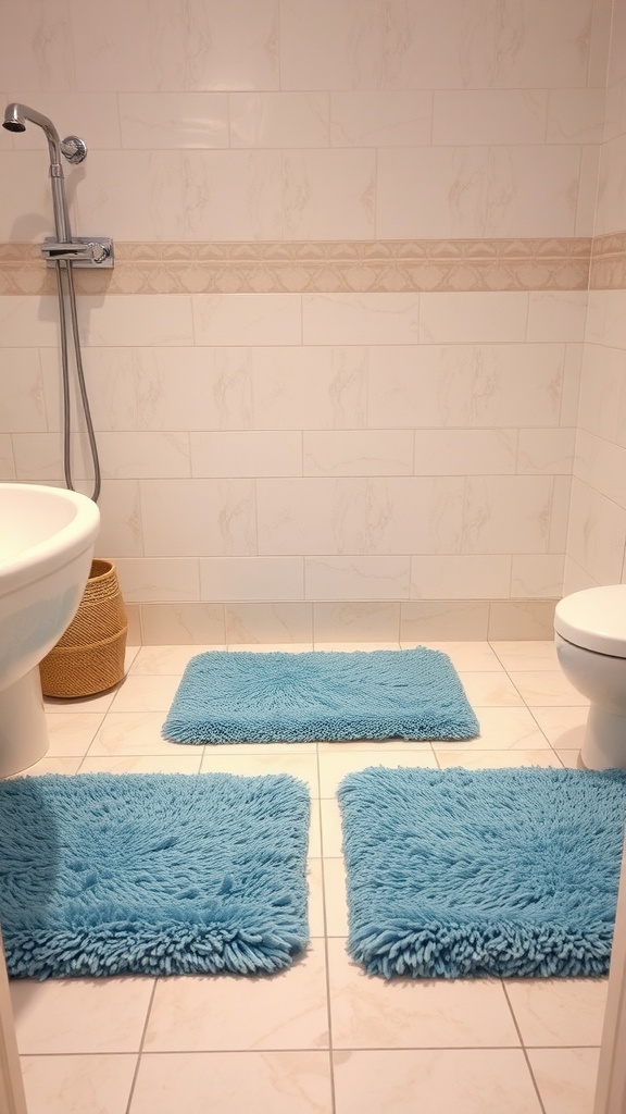Three blue accent rugs in a bathroom setting on tiled floor