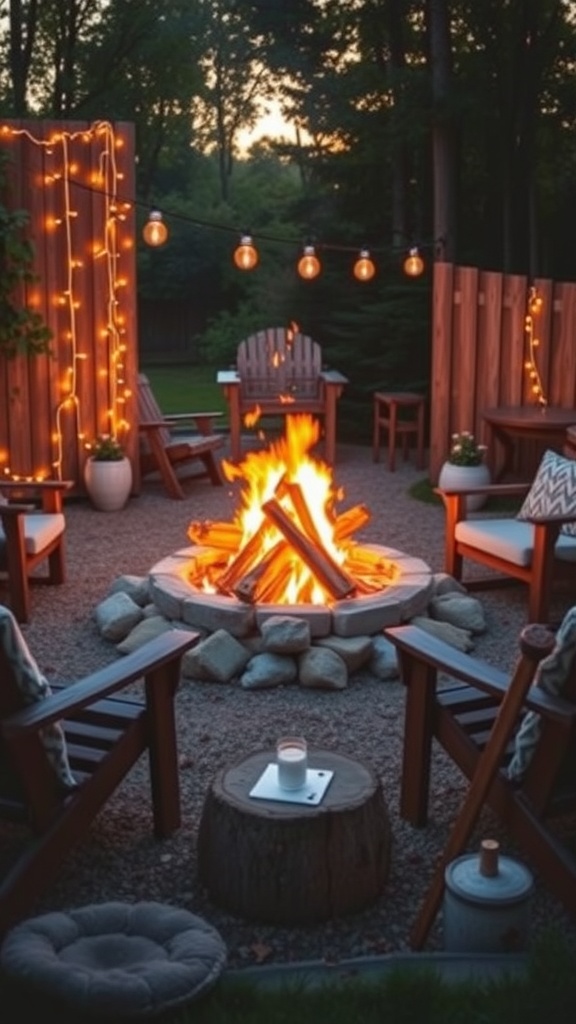 Cozy bonfire setup with wooden chairs, string lights, and a fire pit surrounded by stones.