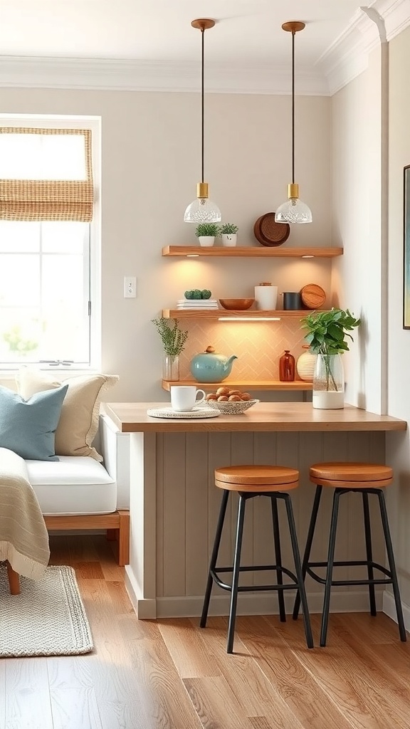 A cozy kitchen breakfast bar with wooden countertop, two stools, and decorative shelves.
