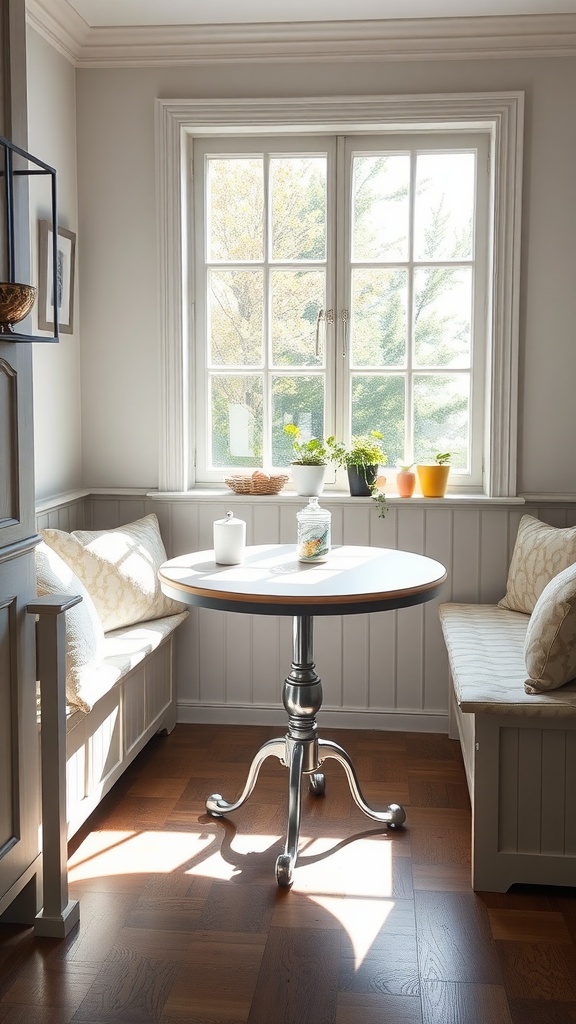 Cozy breakfast nook with a round table and comfortable seating, filled with natural light and potted plants.