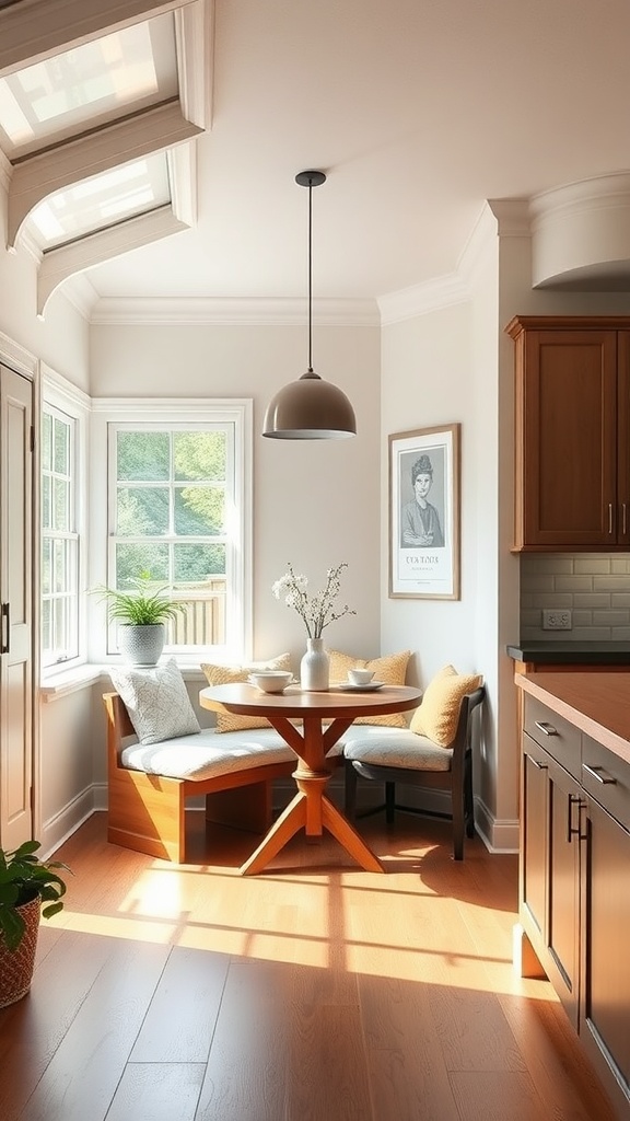 Cozy breakfast nook with a round table and cushioned seating in a bright kitchen