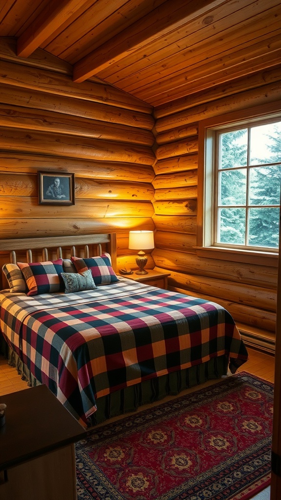 Cozy cabin-style bedroom with wooden walls, plaid bedding, and warm lighting.