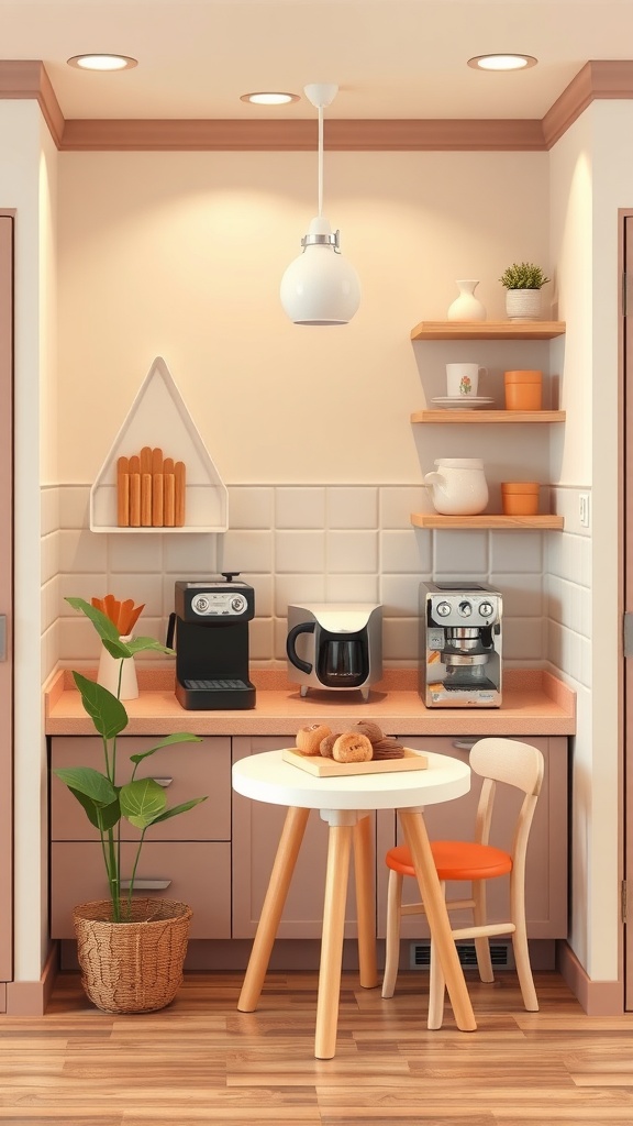 Kitchen corner with coffee machines and a small table with baked goods