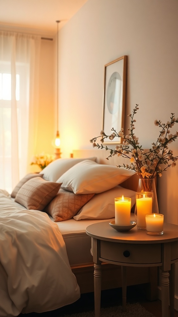 A cozy bedroom with candles on a bedside table, soft pillows on the bed, and warm lighting.