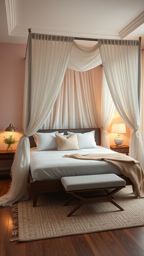 A cozy canopy bed with soft drapes, warm lighting, and a welcoming atmosphere in a small bedroom.