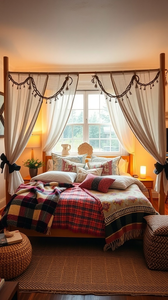 A cozy bedroom with a canopy made of flowing fabrics, layered quilts, and soft textures.
