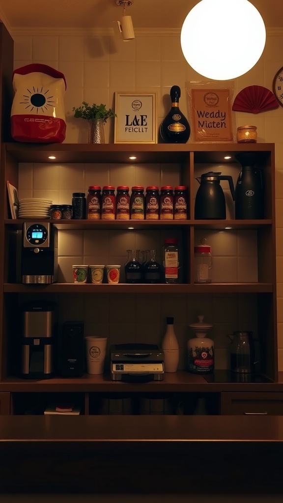 Cozy coffee bar shelf with soft lighting and neatly arranged coffee supplies