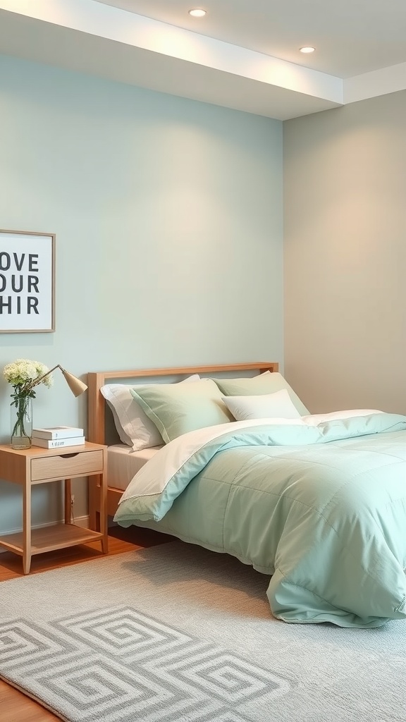 A cozy guest bedroom with mint green bedding, light walls, and warm wood furniture.