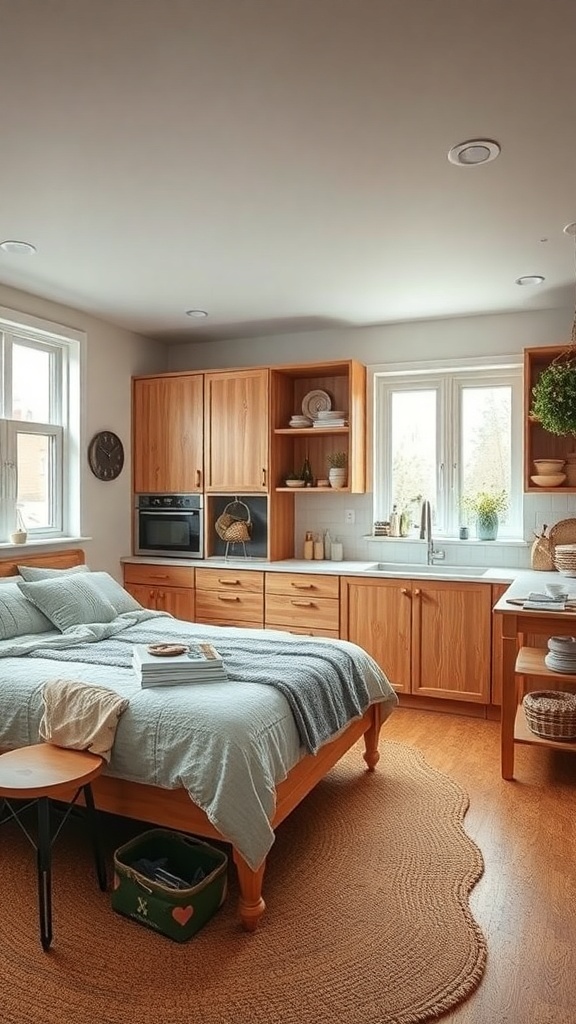 Cozy kitchen with cork flooring and wooden cabinetry