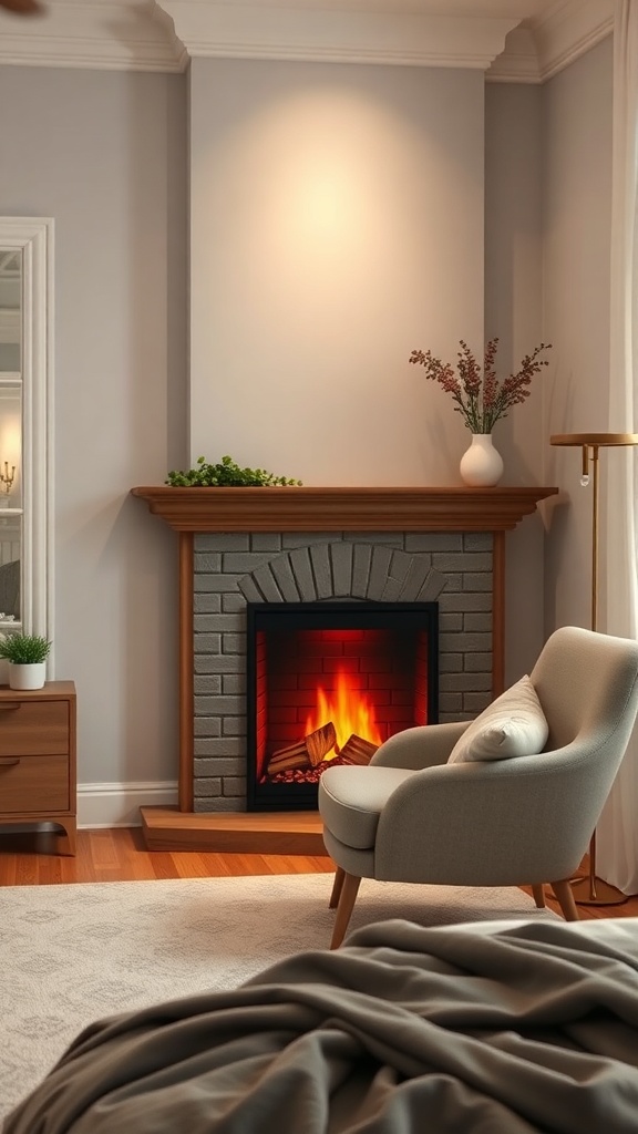 A cozy bedroom corner featuring a faux fireplace with flickering flames, a comfortable chair, and decorative plants.