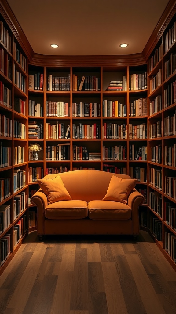 A cozy corner nook featuring an orange sofa and wooden bookshelf filled with books.