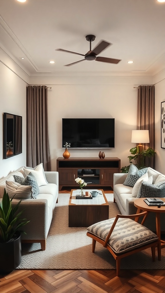 Cozy living room corner with TV, two sofas, coffee table, and plants.
