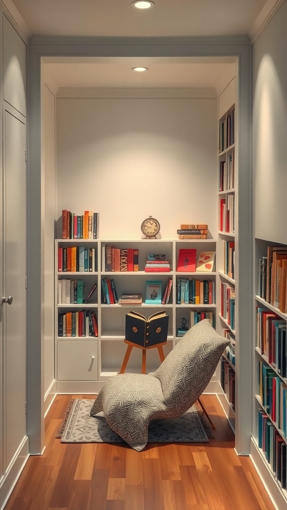 Cozy reading nook with bookshelves, a chair, and warm lighting