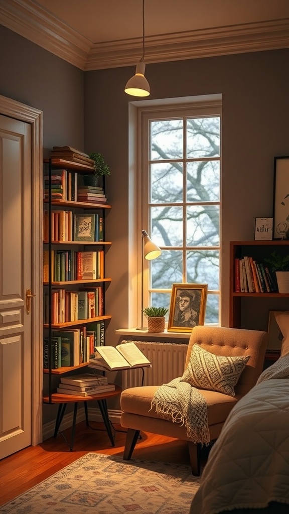 A cozy corner reading nook in an L-shaped bedroom featuring an armchair, bookshelf, and warm lighting.