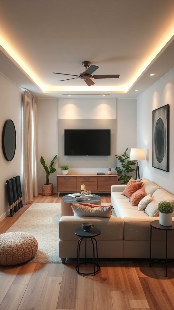 Cozy corner TV nook with a comfortable sofa, warm lighting, and decorative plants.