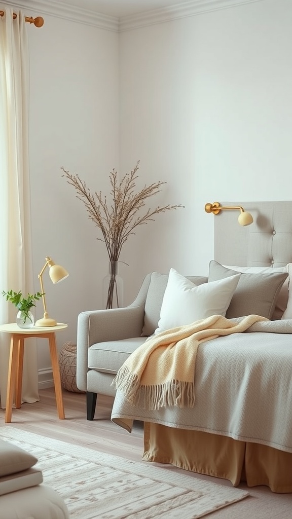 Cozy corner in a bedroom featuring a plush armchair, a side table with a lamp, and a potted plant.