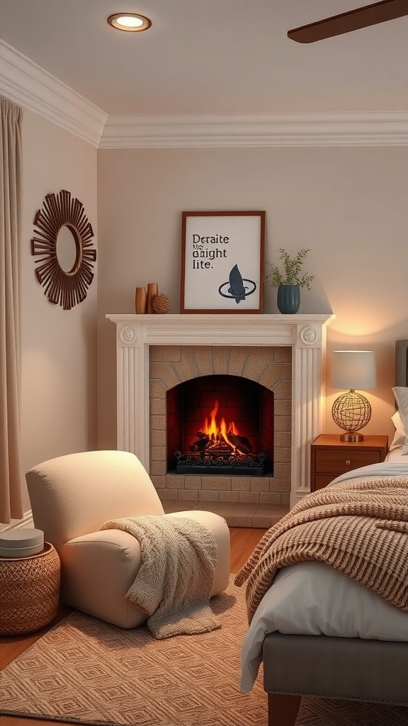 A cozy bedroom corner featuring a faux fireplace, a soft armchair, and warm decor.
