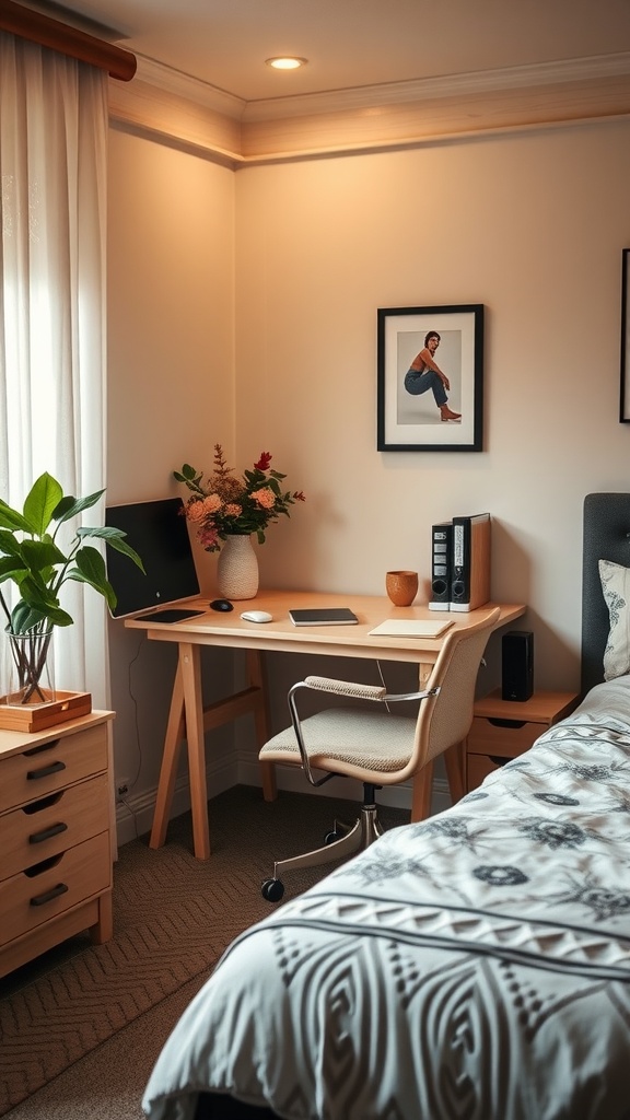 A cozy bedroom corner featuring a small desk, chair, and decorative plants
