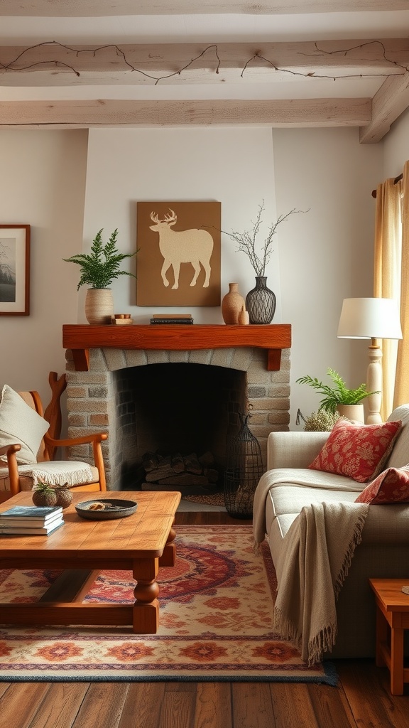 A cozy living room featuring a fireplace, wooden furniture, and warm textiles.