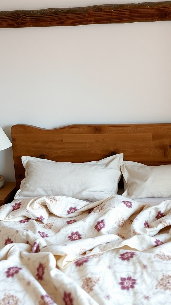 A cozy cottage bedroom with floral bed linens and a wooden headboard.
