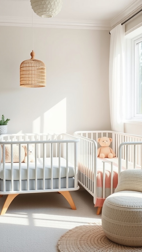 A cozy nursery with two cribs arranged side by side, soft lighting, and a warm atmosphere.