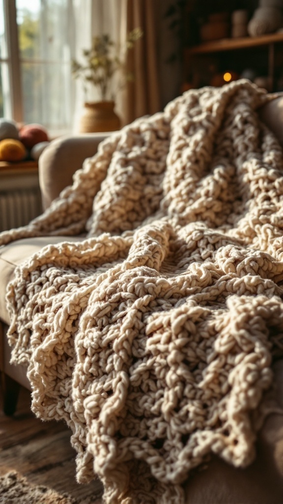 A cozy chunky crochet blanket draped over a sofa in a warm living space.