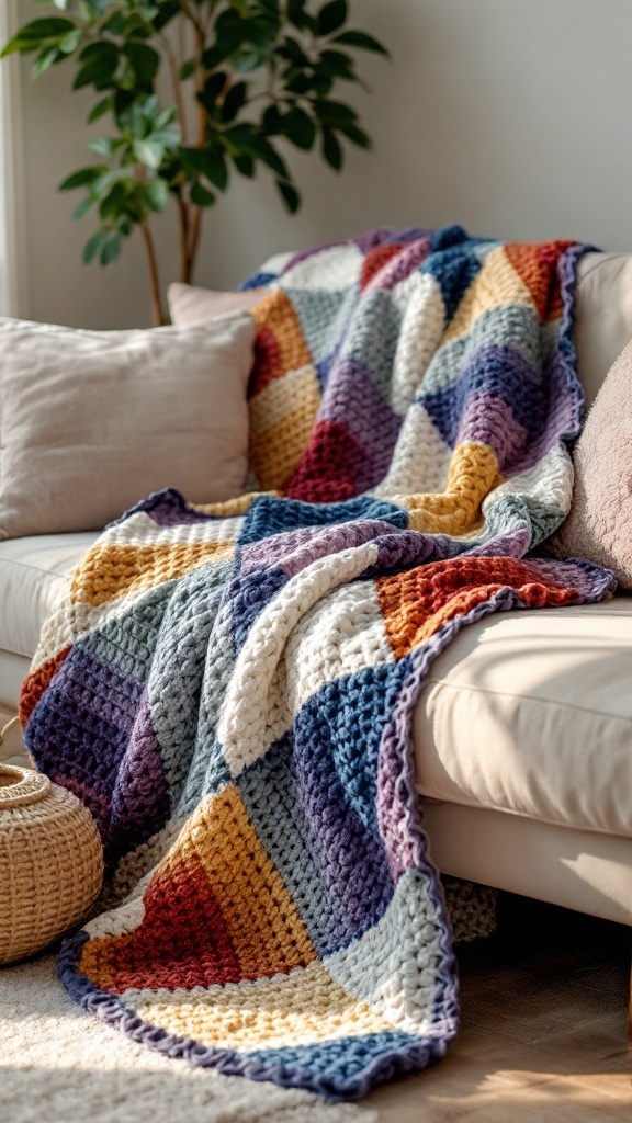 A cozy crochet throw blanket with colorful patchwork design draped over a couch.