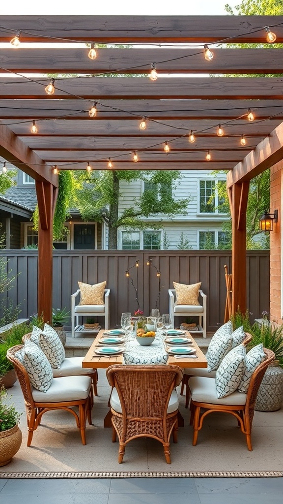 Cozy outdoor dining area under a pergola with string lights, a wooden table, and wicker chairs.