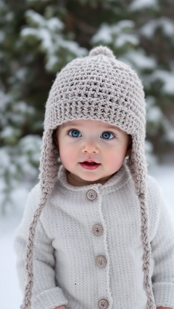 A cozy, knitted baby hat with earflaps and bear ears, placed on a wooden table with yarn and a crochet hook.