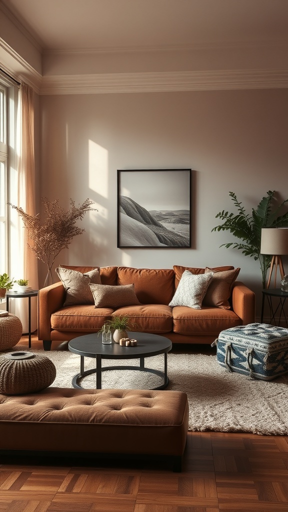 A cozy living room featuring a brown couch, round coffee table, and plants, with natural light illuminating the space.