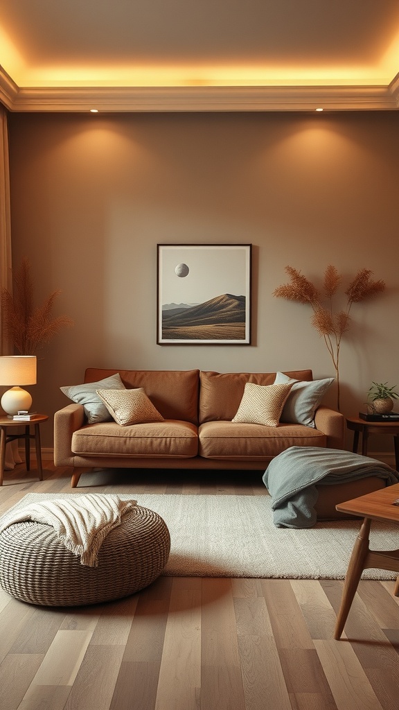Cozy living room featuring a brown sofa with cushions, warm lighting, and earthy decor.