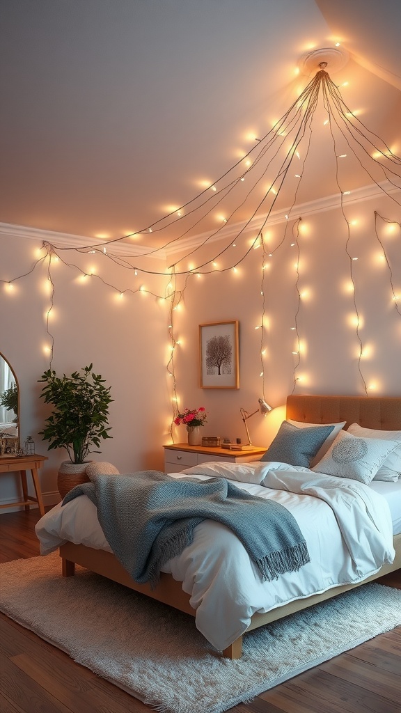 A cozy bedroom with fairy lights on the ceiling and a neatly made bed