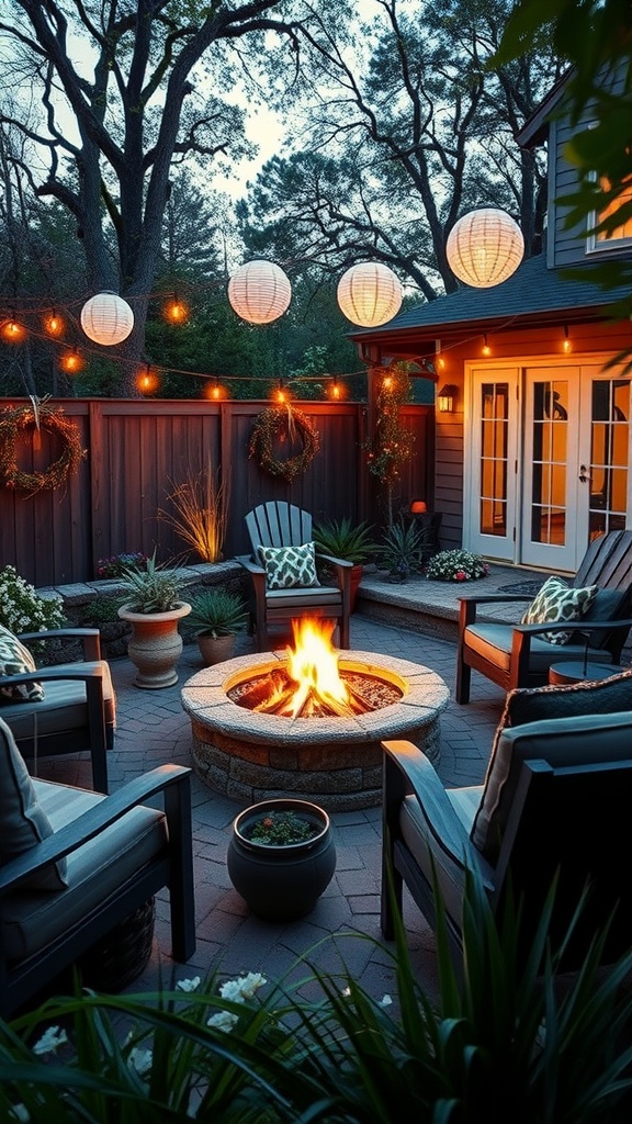 A cozy backyard fire pit surrounded by chairs, lanterns, and plants during dusk.