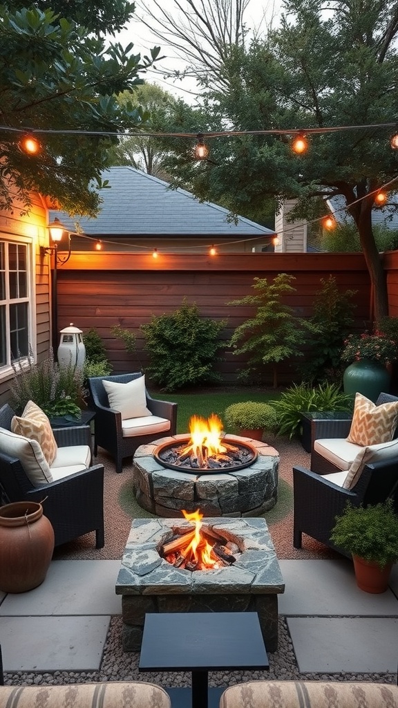 Cozy fire pit area with seating and string lights in a small backyard