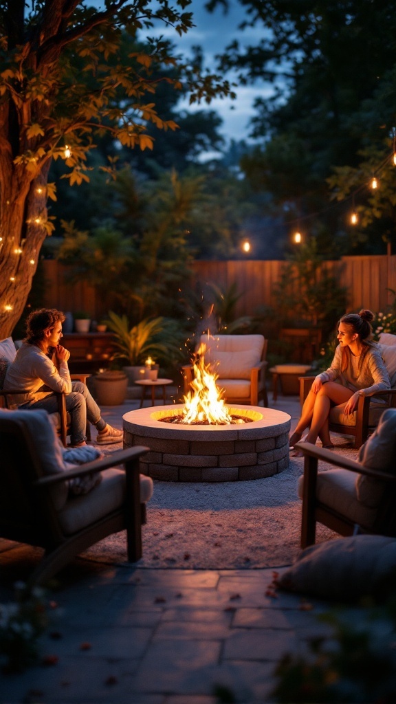 Cozy fire pit area with two people sitting around a fire in a backyard setting