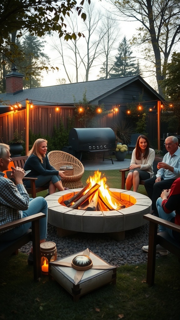 A group of friends gathered around a fire pit in a backyard, enjoying the warm atmosphere with string lights overhead.