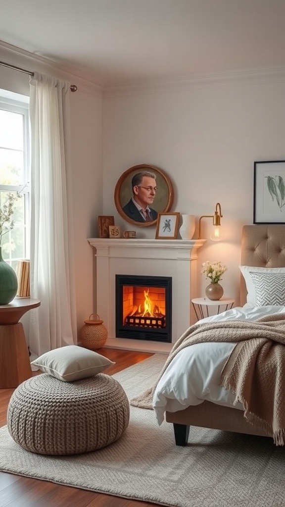 A cozy bedroom with a fireplace, plush bedding, and decorative elements.