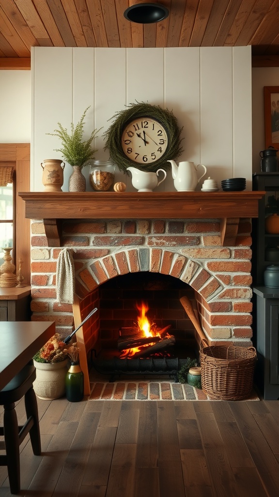 A cozy farmhouse kitchen with a brick fireplace, wooden mantel, and warm decor.
