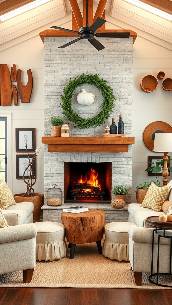 Cozy farmhouse living room with a fireplace, light furniture, and decorative accents